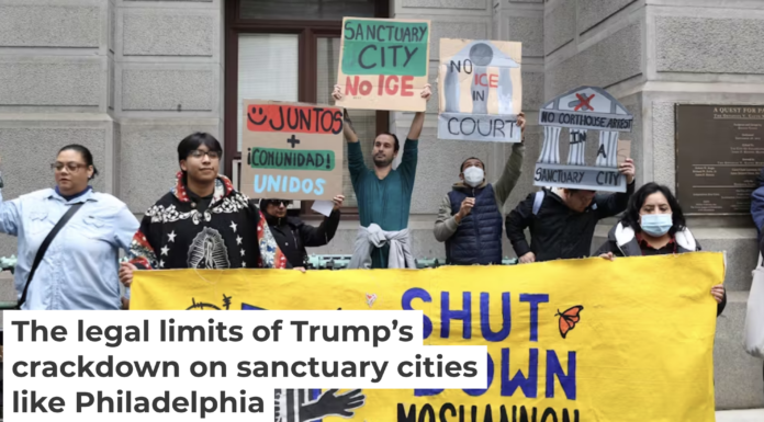 Immigrant rights advocates call on Philadelphia officials to strengthen the city’s sanctuary policies at a rally on Dec. 10, 2024. Manuel Vasquez/Juntos, CC BY-NC-SA